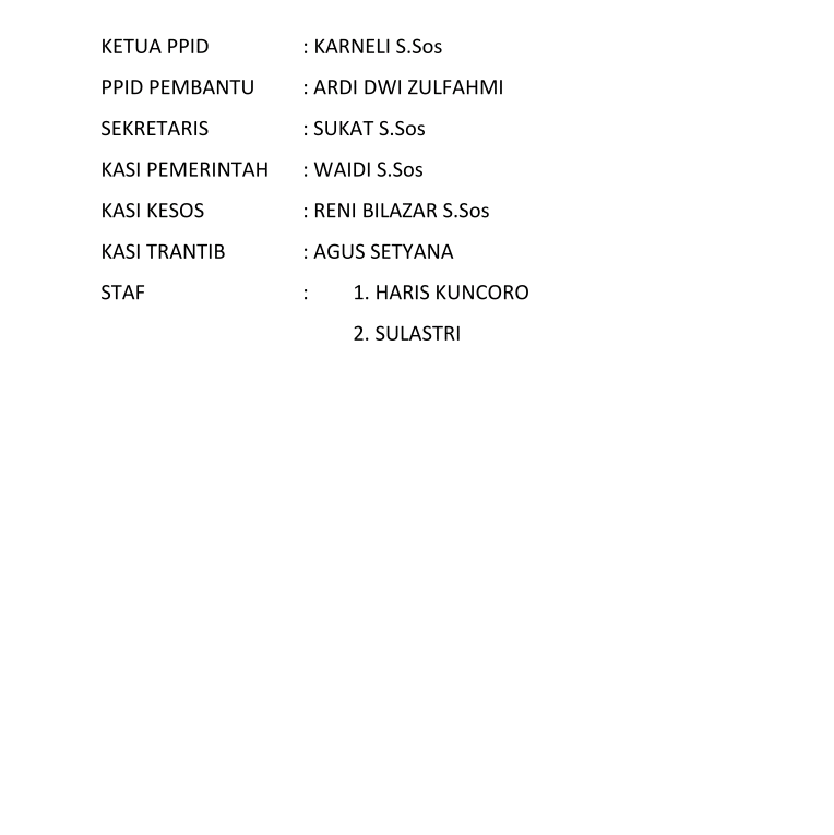 Nama-Nama Pejabat PPID kelurahan Sukosari